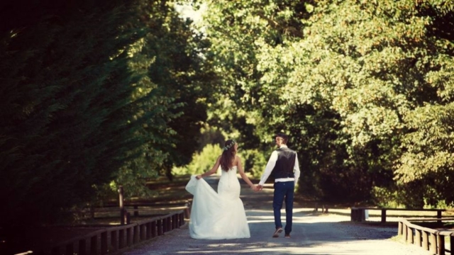 Couple walking down tree covered path at wedding venue essex