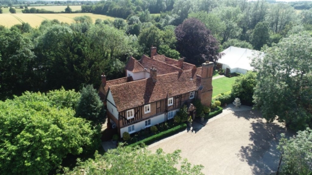 Close up Drone shot of main building wedding venue essex