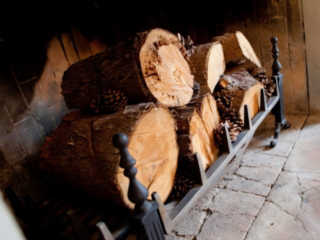 Wooden Log sand pine-cones in Fireplace area