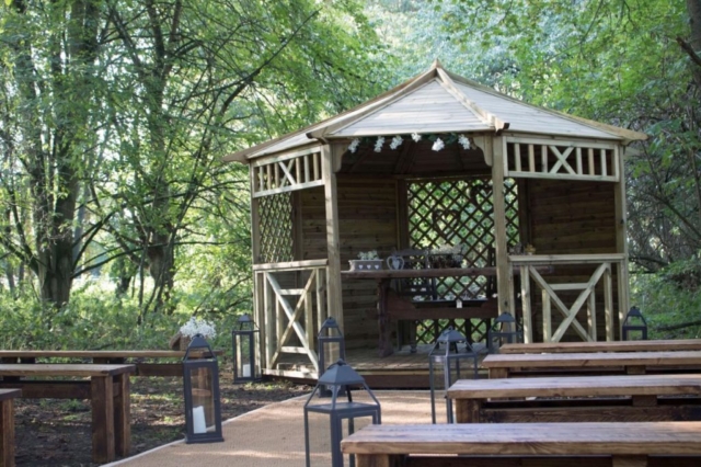 Wooden Gazebo with Lanterns on Isle