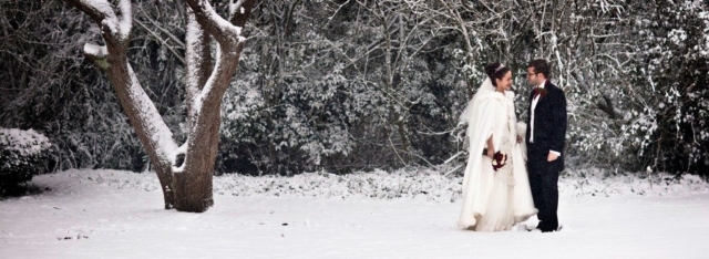 Bride and Groom after Wedding in snow covered area