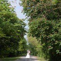 Bride and Groom on Tree covering path inn wedding venue essex small