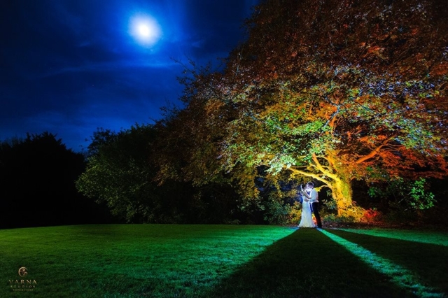 Twilight Wedding under Lit up Tree wedding venue essex